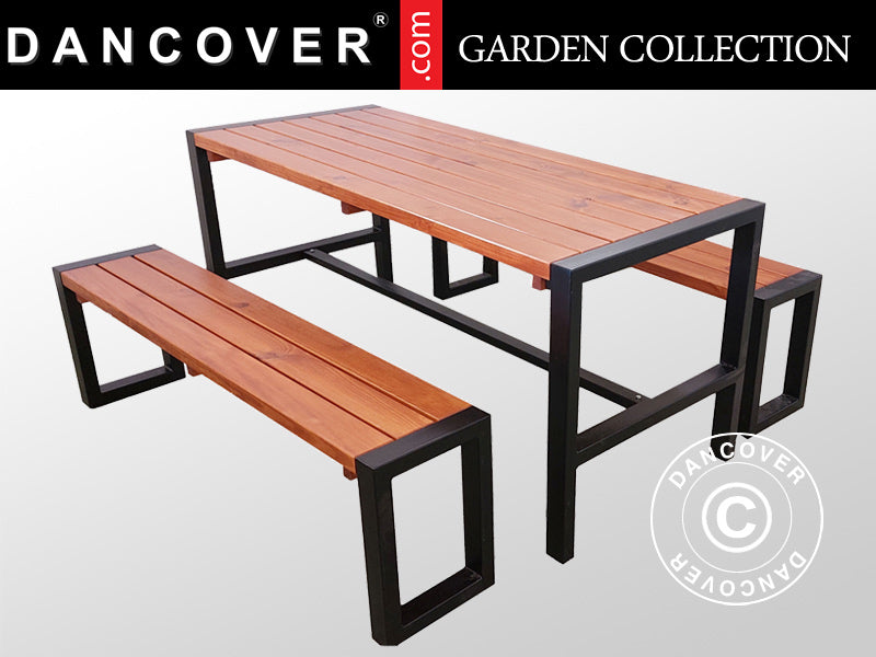 Picnic table w/2 benches, 166x70 cm/150x30 cm, Dark wood/Black