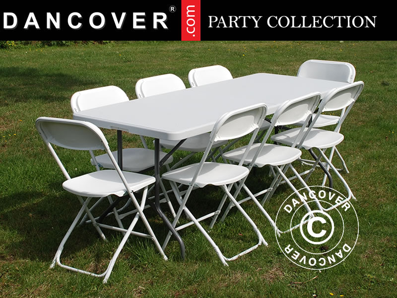 Party package, 1 folding table (180 cm) + 8 chairs, Light grey/White